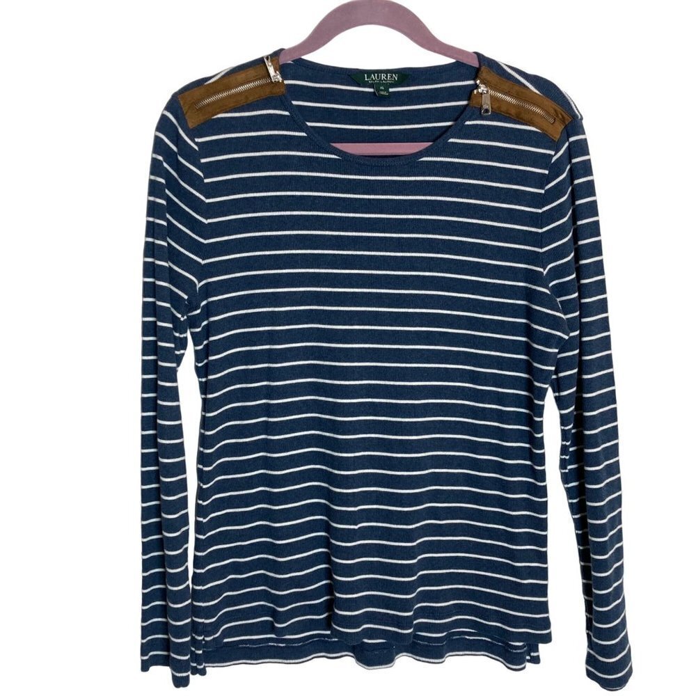 Lauren Ralph Lauren Striped Long Sleeve‎ Ribbed Blue Shirt Suede Zip Accents XL
